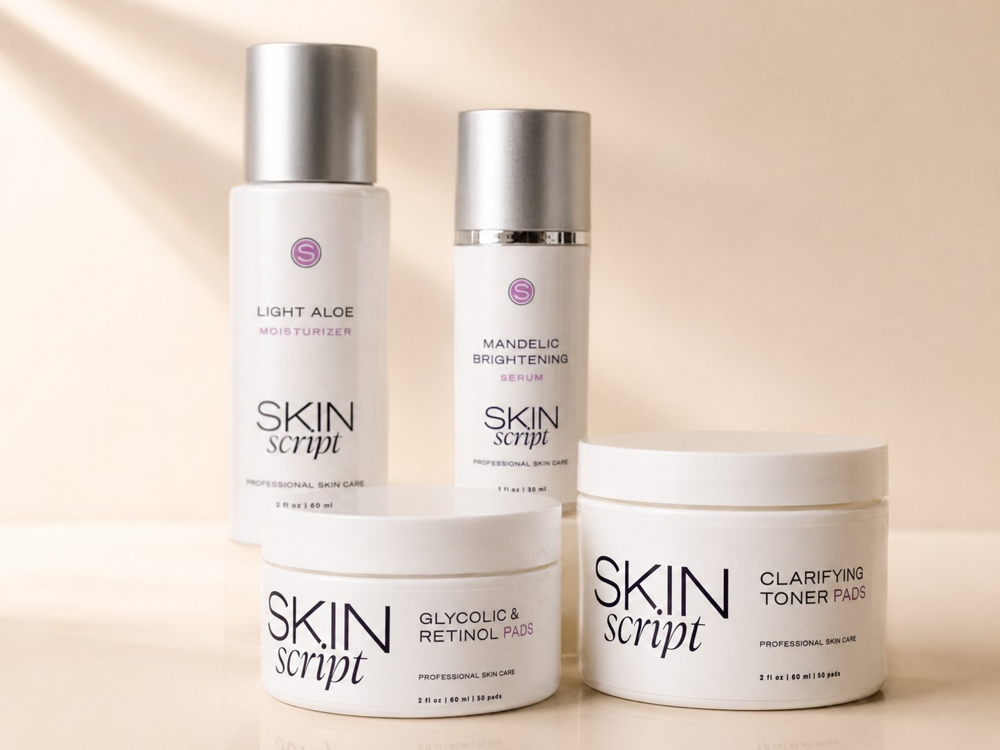 The four Skin Script aftercare products retailed at DIORherSkin — Light Aloe Moisturizer, Clarifying Toner Pads, Glycolic and Retinol Pads and Mandelic Brightening Serum