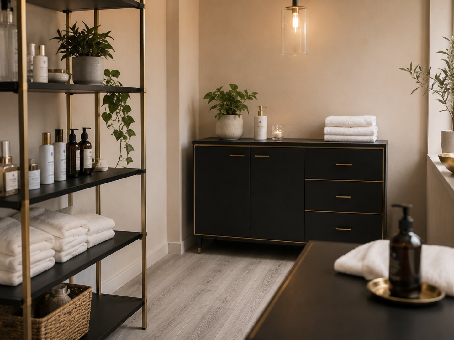 Inside the DIORherSkin studio in Vallejo, California — shelving with skincare, fresh towels and warm lighting